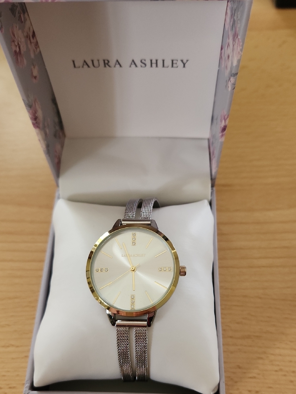 Laura Ashley Silver Dual Band Mesh Watch with Gold-Bezel